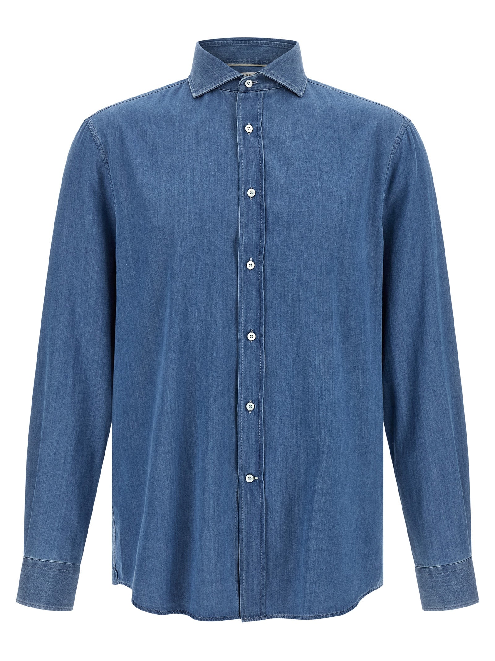 Shirt by Brunello Cucinelli for men in denim cotton blue features an architectural silhouette with a refined and elegant for a architectural look.