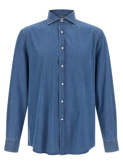 Shirt by Brunello Cucinelli for men in denim cotton blue features an architectural silhouette with a refined and elegant for a architectural look.