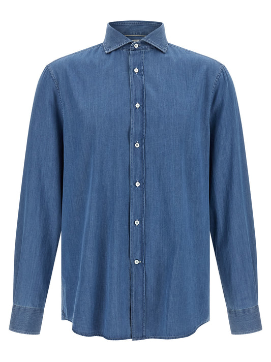 Shirt by Brunello Cucinelli for men in denim cotton blue features an architectural silhouette with a refined and elegant for a architectural look.