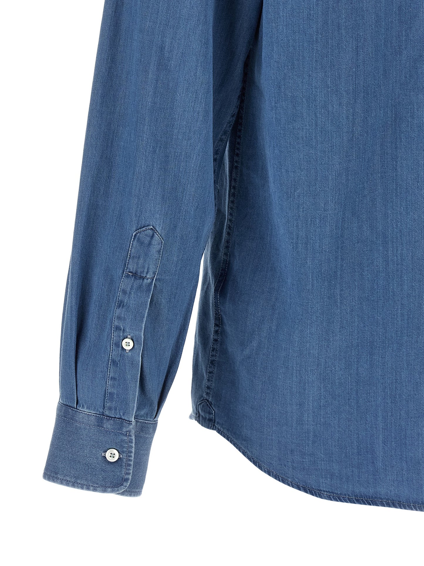 Shirt by Brunello Cucinelli for men in denim cotton blue showcases a sharp silhouette, elegantly detailed with a sharp and sharp .