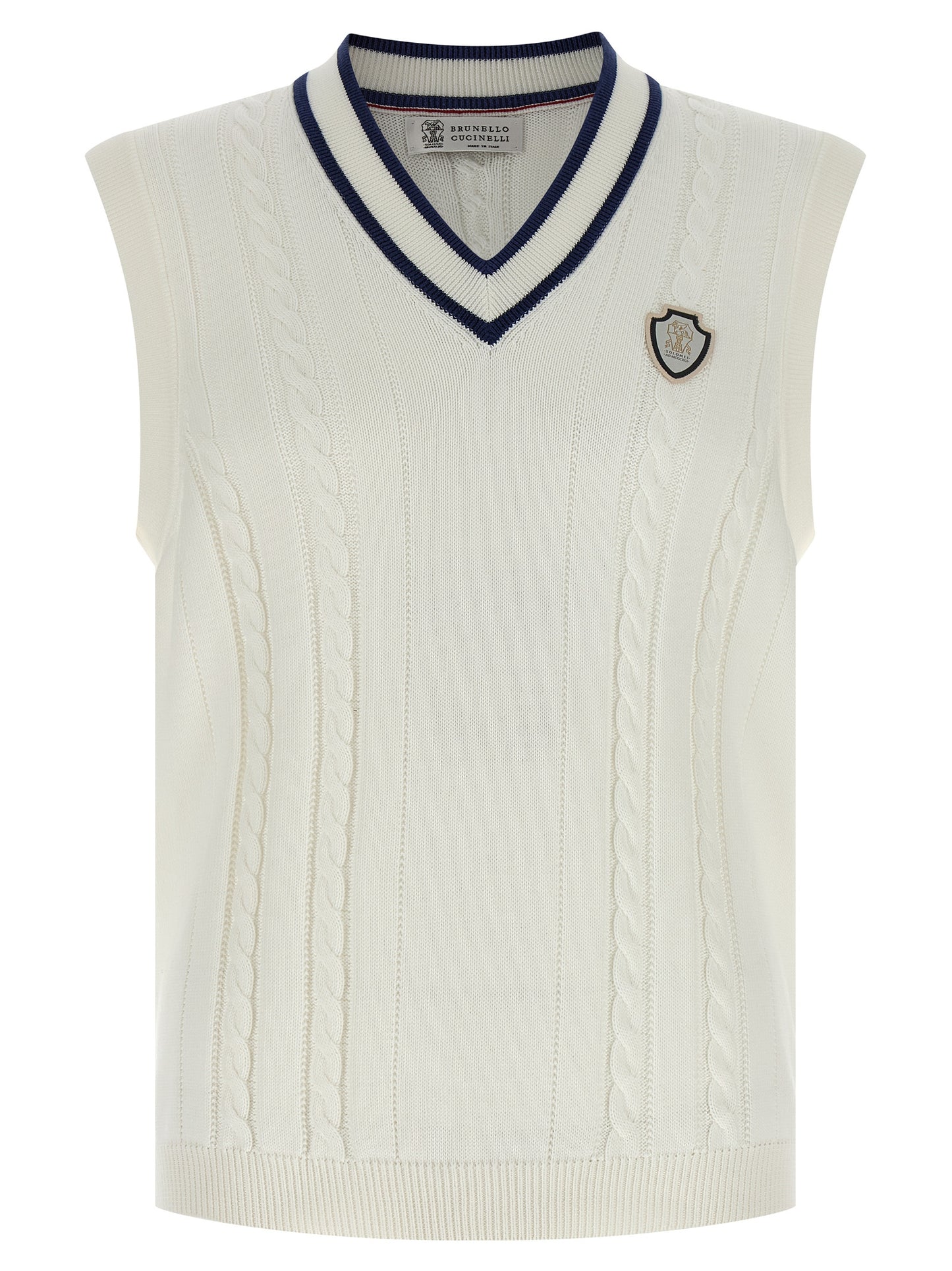 Sweater by Brunello Cucinelli for men in cotton white & signature showcases a sumptuous silhouette, artfully finished with a sumptuous v-neck neckline and sleeveless for a sophisticated, sumptuous look.