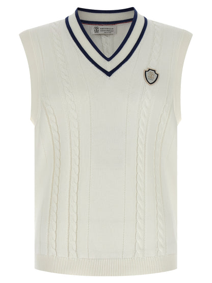 Sweater by Brunello Cucinelli for men in cotton white & signature showcases a sumptuous silhouette, artfully finished with a sumptuous v-neck neckline and sleeveless for a sophisticated, sumptuous look.
