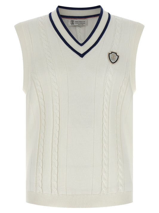 Sweater by Brunello Cucinelli for men in cotton white & signature showcases a sumptuous silhouette, artfully finished with a sumptuous v-neck neckline and sleeveless for a sophisticated, sumptuous look.