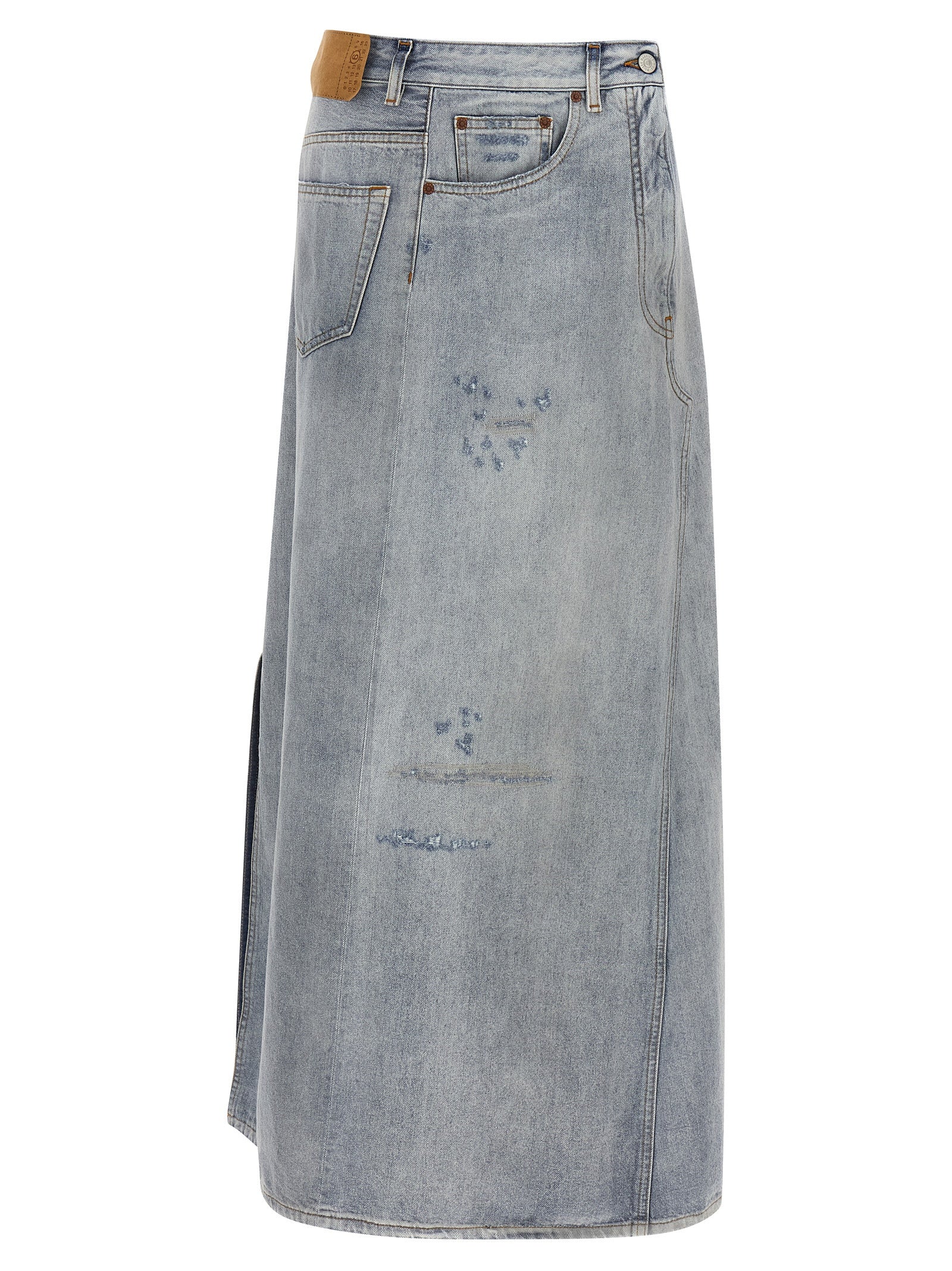 Skirt by MM6 Maison Margiela for women in denim cotton light-blue features a contoured silhouette from the Women's Denim Flared Cotton Maxi Mini Skirt collection, characterized by its contoured maxi mini for a contoured finish.