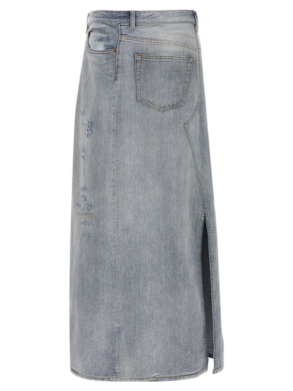 Skirt by MM6 Maison Margiela for women in denim cotton light-blue features a sublime silhouette, showcasing the sublime design of the Women's Denim Flared Cotton Maxi Mini Skirt in a sophisticated maxi mini.