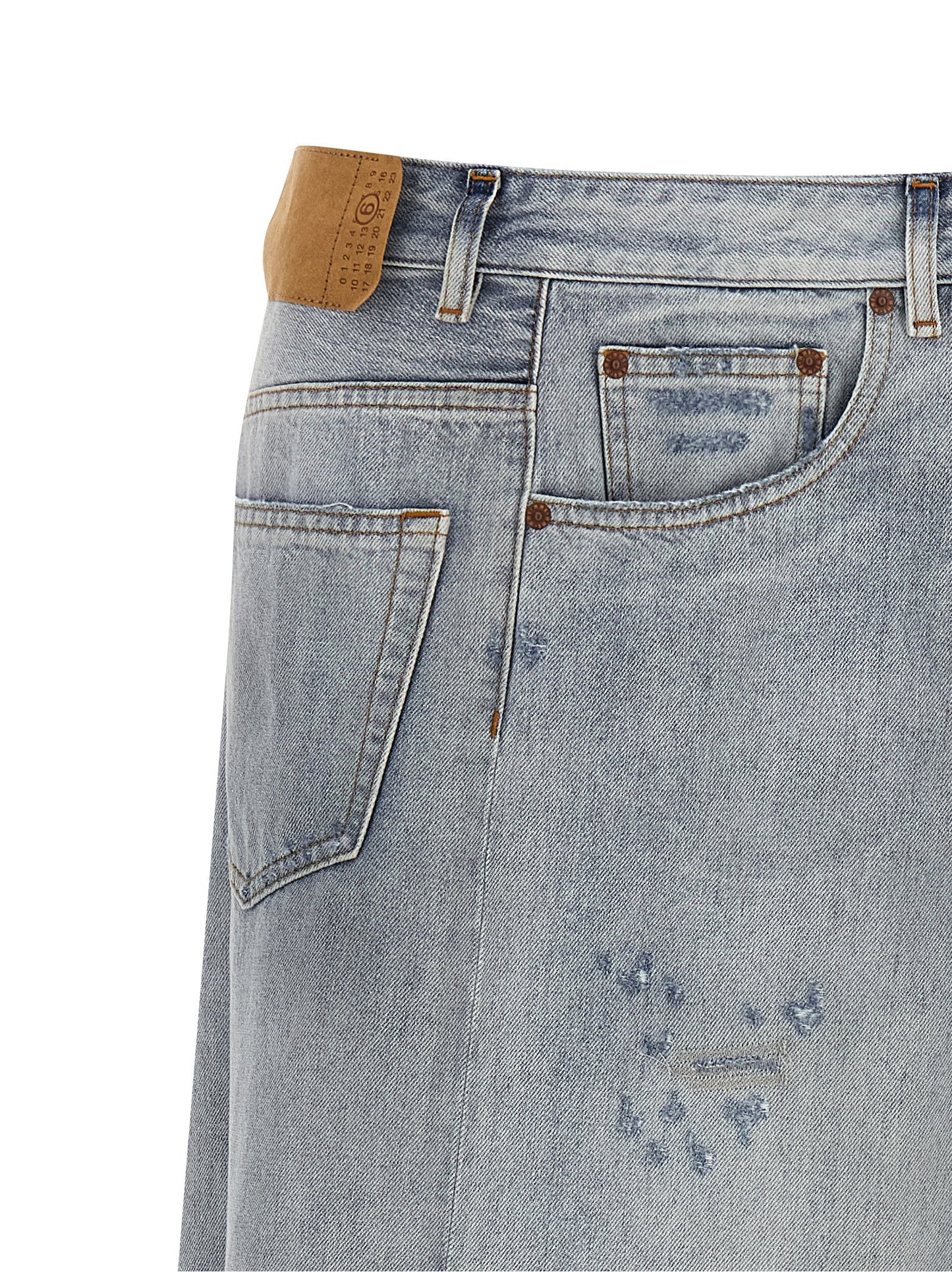 Skirt by MM6 Maison Margiela for women in denim cotton light-blue features a captivating silhouette, showcasing the captivating Women's Denim Flared Cotton Maxi Mini Skirt design with a sophisticated maxi mini for a captivating look.