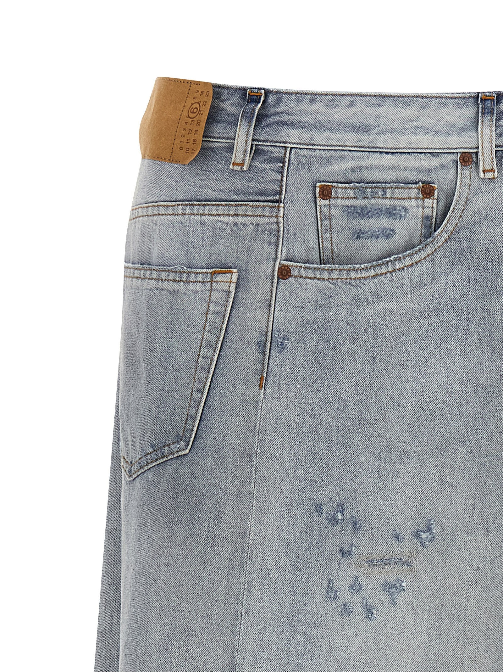 Skirt by MM6 Maison Margiela for women in denim cotton light-blue features a captivating silhouette, showcasing the captivating Women's Denim Flared Cotton Maxi Mini Skirt design with a sophisticated maxi mini for a captivating look.