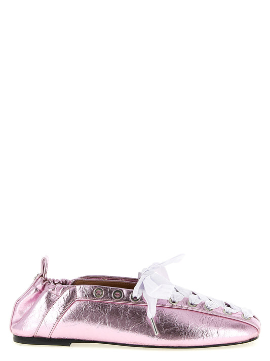 Ballet Flat Shoes by Ganni for women in polyester polyurethane polyethylene faux leather multicolor & pink presents a effortless chic silhouette, showcasing the Women's Polyester Polyurethane Polyethylene Faux Leather Ballet Flat Shoes design with a effortless chic and square toe style for a sophisticated look.
