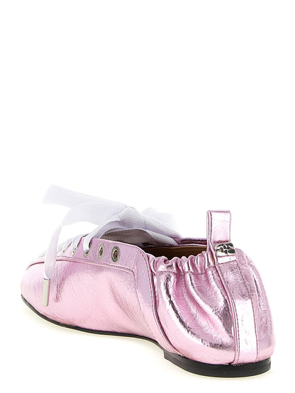 Ballet Flat Shoes by Ganni for women in polyester polyurethane polyethylene faux leather multicolor & pink showcases a enchanting silhouette as part of the Women's Polyester Polyurethane Polyethylene Faux Leather Ballet Flat Shoes collection, defined by a enchanting square toe style and for a enchanting look.