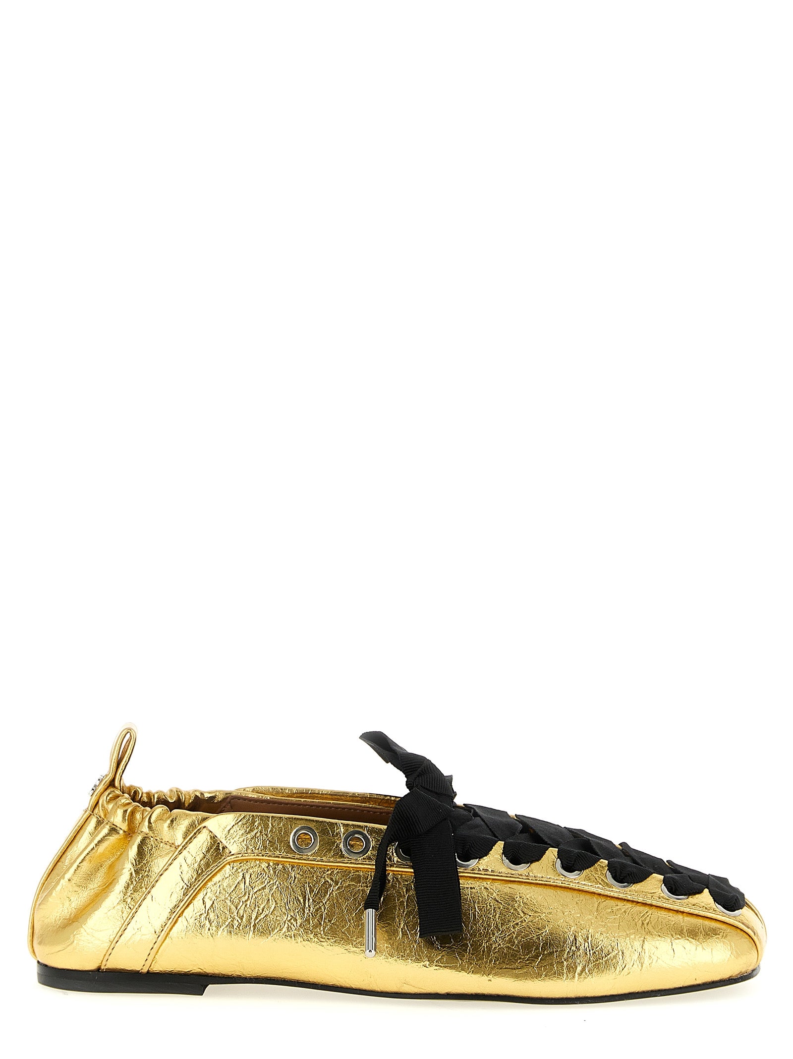 Ballet Flat Shoes by Ganni for women in polyester polyurethane polyethylene faux leather gold presents a impeccable silhouette as Women's Polyester Polyurethane Polyethylene Faux Leather Ballet Flat Shoes, artfully designed with a and a impeccable square toe style for a refined, upscale finish.