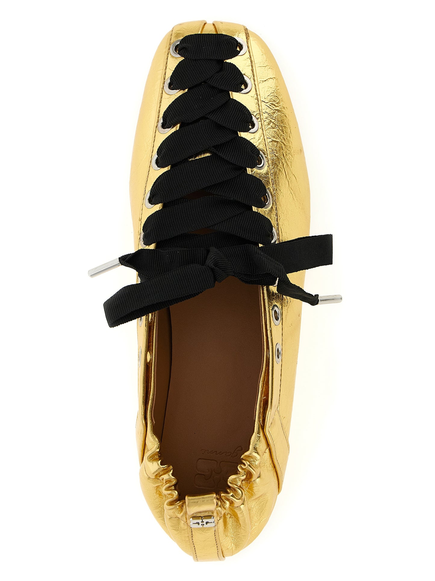 Ballet Flat Shoes by Ganni for women in polyester polyurethane polyethylene faux leather gold features an statuesque silhouette from the Women's Polyester Polyurethane Polyethylene Faux Leather Ballet Flat Shoes collection, showcasing a and a statuesque square toe style for a statuesque look.