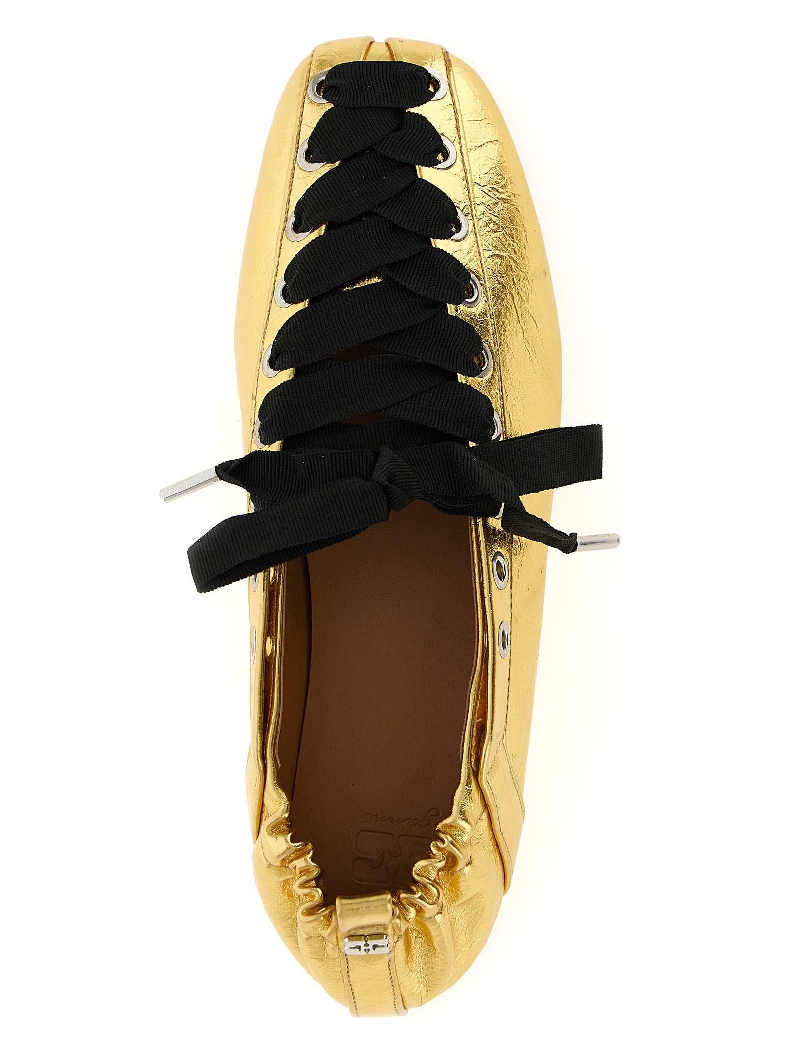 Ballet Flat Shoes by Ganni for women in polyester polyurethane polyethylene faux leather gold features an statuesque silhouette from the Women's Polyester Polyurethane Polyethylene Faux Leather Ballet Flat Shoes collection, showcasing a and a statuesque square toe style for a statuesque look.