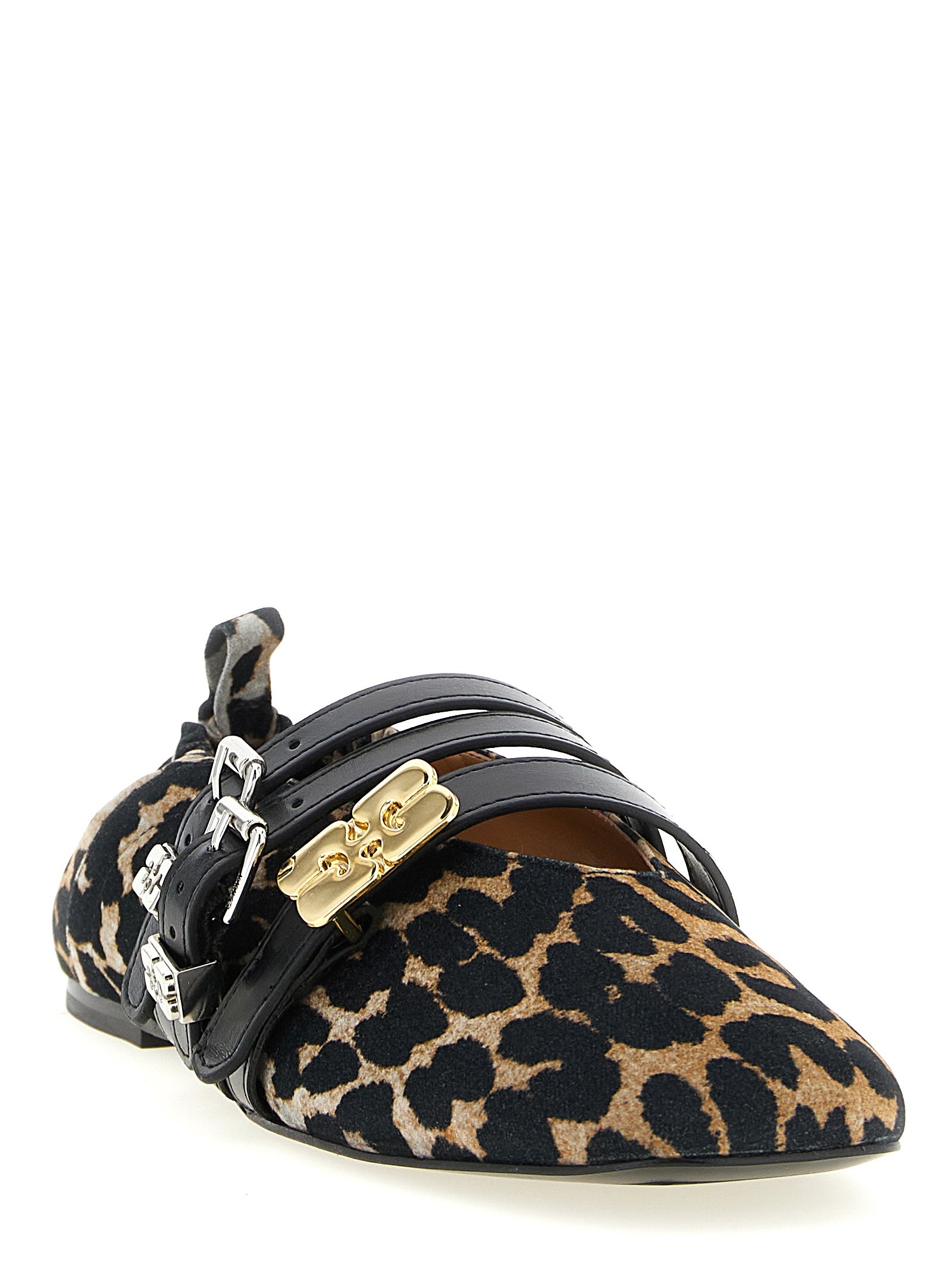 Ballet Flat Shoes by Ganni for women in cotton polyester & viscose animal, multicolor & print showcases a dynamic silhouette, artfully capturing Women's Cotton Polyester & Viscose Ballet Flat Shoes through its distinctive and elegant square toe style.