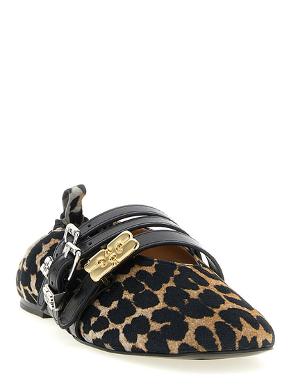 Ballet Flat Shoes by Ganni for women in cotton polyester & viscose animal, multicolor & print showcases a dynamic silhouette, artfully capturing Women's Cotton Polyester & Viscose Ballet Flat Shoes through its distinctive and elegant square toe style.