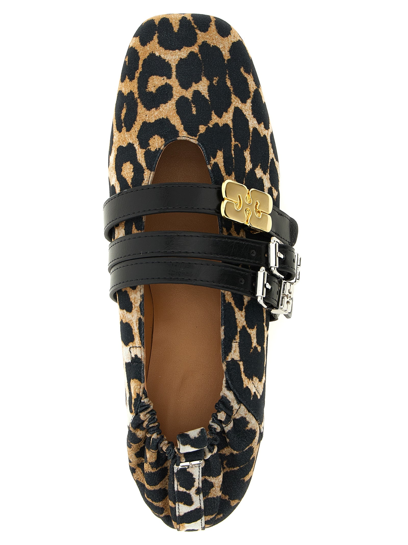 Ballet Flat Shoes by Ganni for women in cotton polyester & viscose animal, multicolor & print presents a effortless chic silhouette, showcasing the Women's Cotton Polyester & Viscose Ballet Flat Shoes design with a effortless chic and square toe style for a sophisticated look.