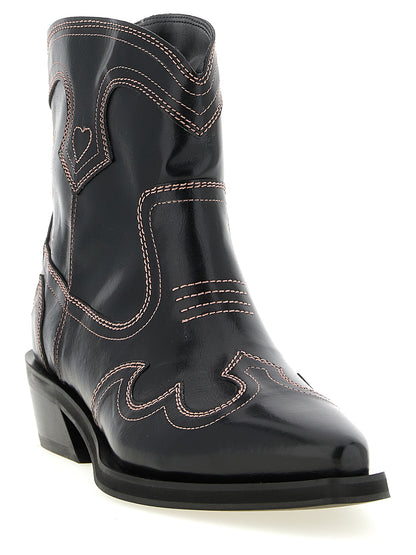 Ankle Chelsea Cowboy Boots by Ganni for women in polyester polyethylene polyurethane leather & cotton black & olive features an avant-garde Women's Polyester Polyethylene Polyurethane Leather & Cotton Ankle Chelsea Cowboy Boots silhouette, defined by a sophisticated and a avant-garde .