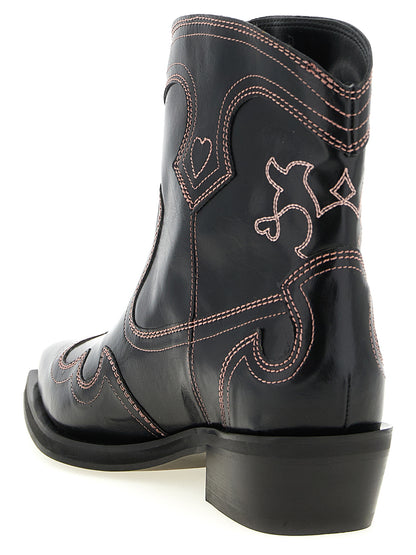 Ankle Chelsea Cowboy Boots by Ganni for women in polyester polyethylene polyurethane leather & cotton black & olive features an avant-garde Women's Polyester Polyethylene Polyurethane Leather & Cotton Ankle Chelsea Cowboy Boots silhouette, defined by a sophisticated and a avant-garde .
