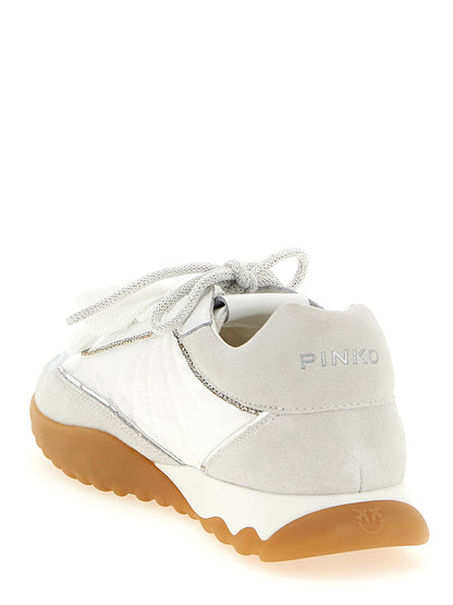 Athletic Sneakers by PINKO for women in suede calfskin leather & polyester white showcases a architectural silhouette, artfully capturing the essence of the Aren Women's Athletic Suede Calfskin Leather & Polyester Sneakers with its signature architectural athletic style construction.