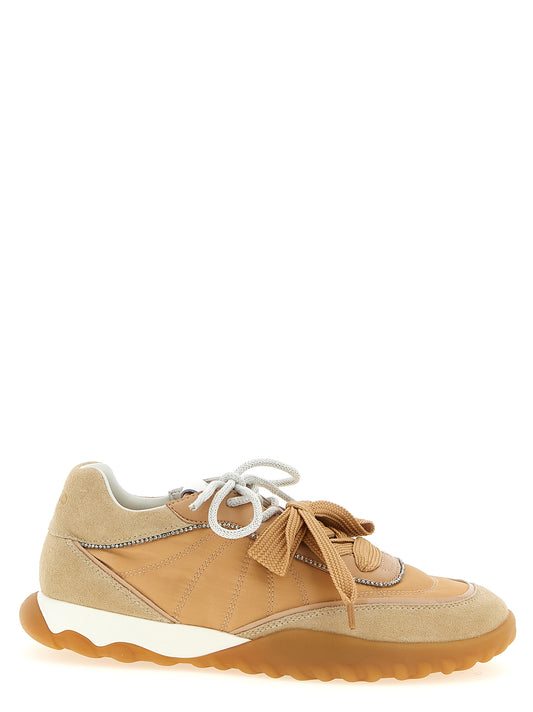Athletic Sneakers by PINKO for women in suede calfskin leather & polyester beige showcases a architectural silhouette, artfully capturing the essence of the Women's Athletic Suede Calfskin Leather & Polyester Sneakers with its signature architectural athletic style construction.