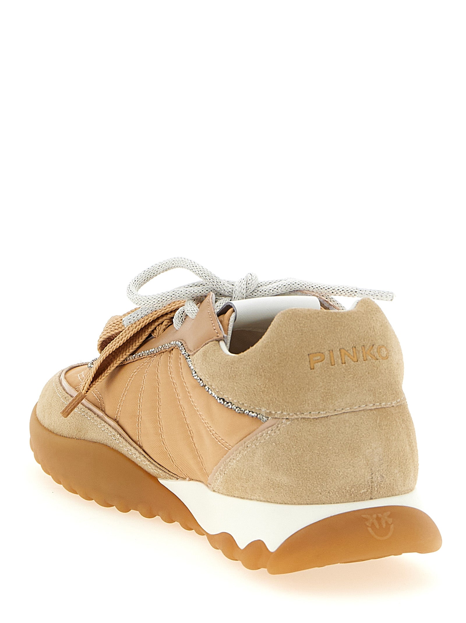 Athletic Sneakers by PINKO for women in suede calfskin leather & polyester beige showcases an impeccable silhouette, defined by an impeccable athletic style design that perfectly captures the essence of the Women's Athletic Suede Calfskin Leather & Polyester Sneakers.