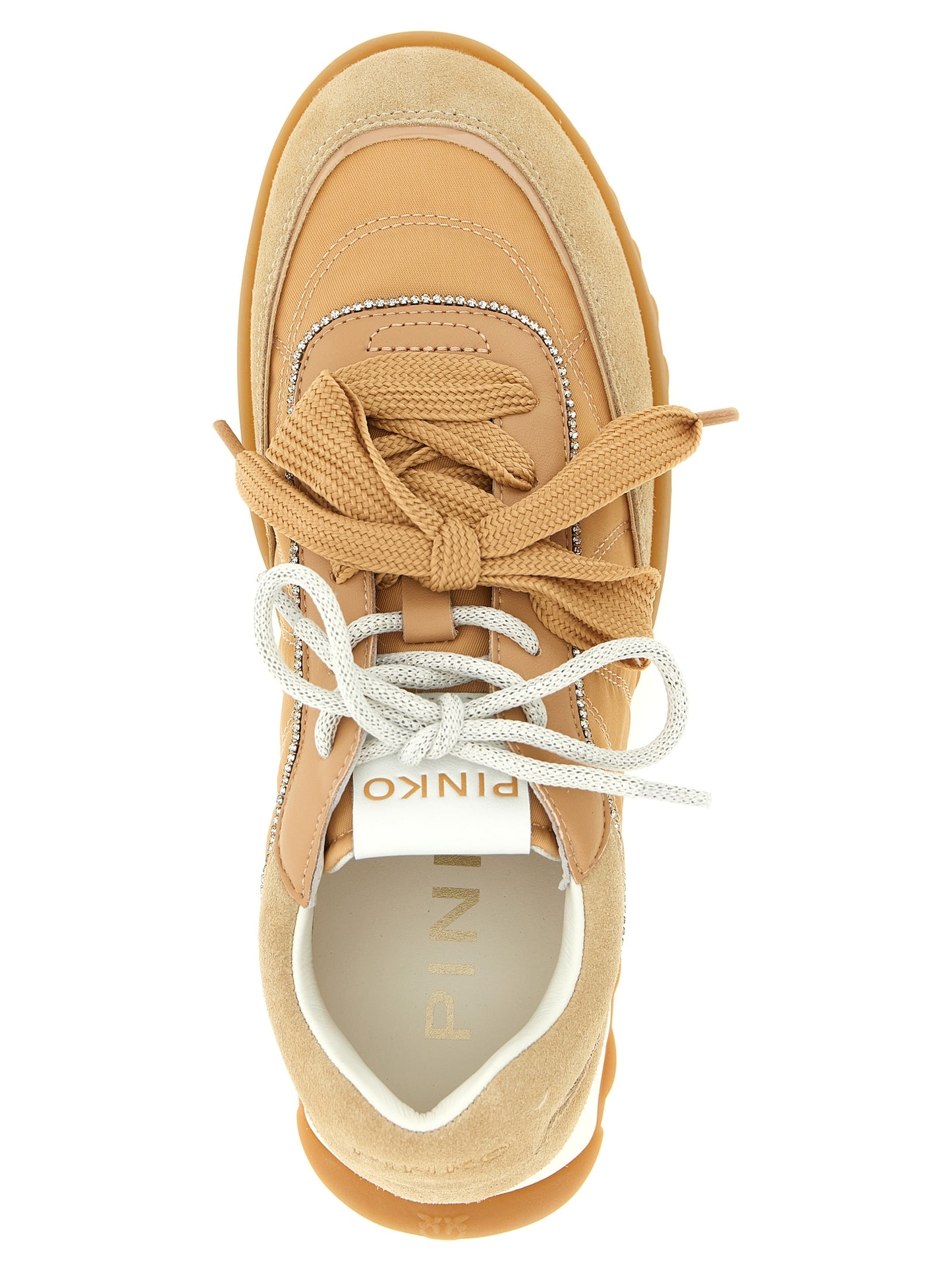 Athletic Sneakers by PINKO for women in suede calfskin leather & polyester beige features an exquisite silhouette, showcasing the premium athletic style of the Women's Athletic Suede Calfskin Leather & Polyester Sneakers with an exquisite finish.