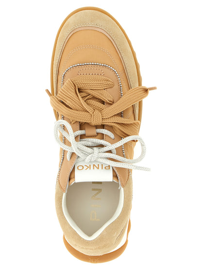Athletic Sneakers by PINKO for women in suede calfskin leather & polyester beige features an exquisite silhouette, showcasing the premium athletic style of the Women's Athletic Suede Calfskin Leather & Polyester Sneakers with an exquisite finish.