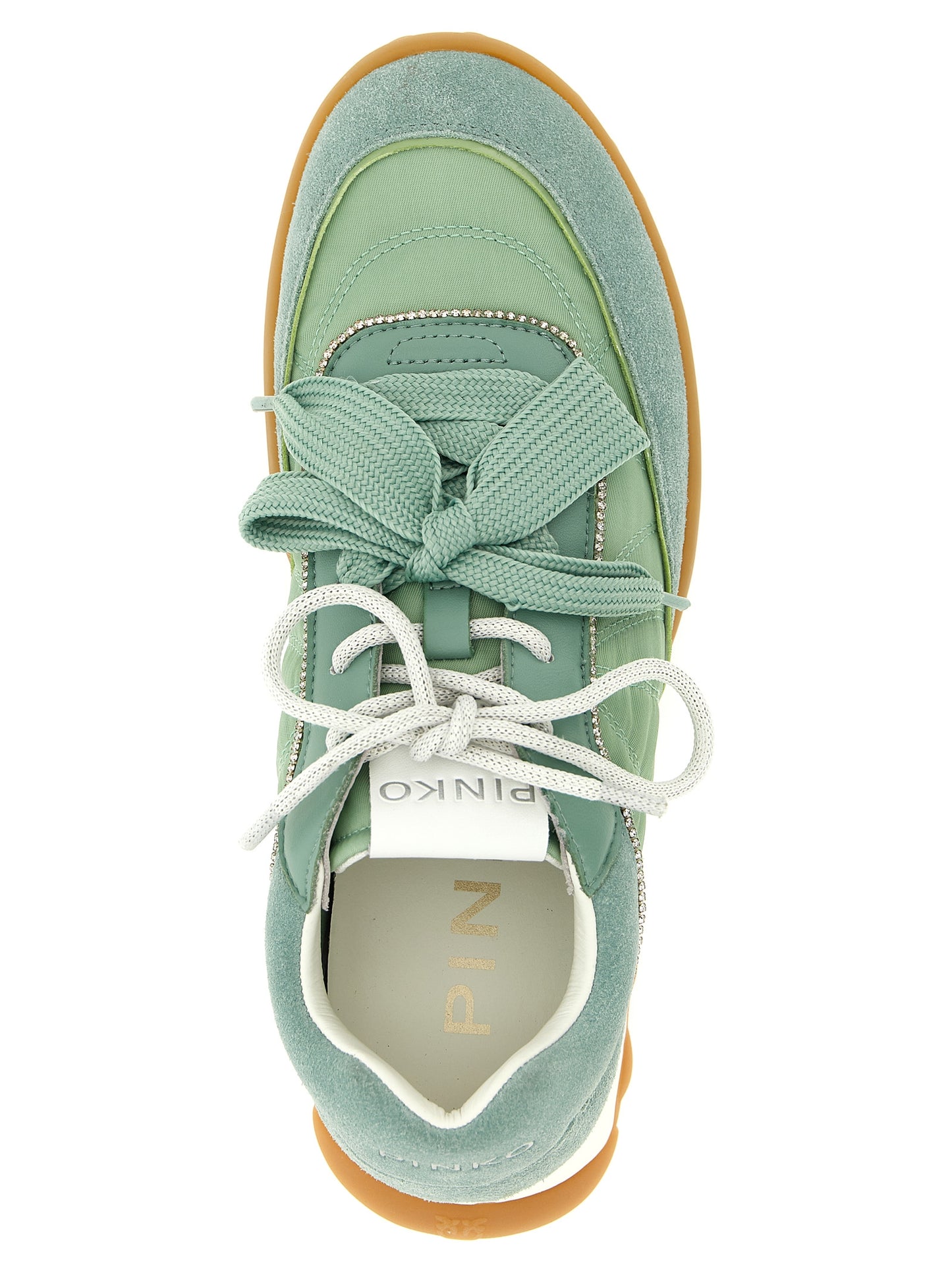Sneakers by PINKO for women in suede calfskin leather & polyester bicolour & green presents a on trend silhouette from the Women's Fashion Suede Calfskin Leather & Polyester Sneakers collection, showcasing a on trend fashion style for an elevated aesthetic.