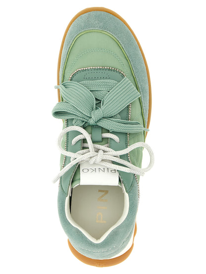 Sneakers by PINKO for women in suede calfskin leather & polyester bicolour & green presents a on trend silhouette from the Women's Fashion Suede Calfskin Leather & Polyester Sneakers collection, showcasing a on trend fashion style for an elevated aesthetic.