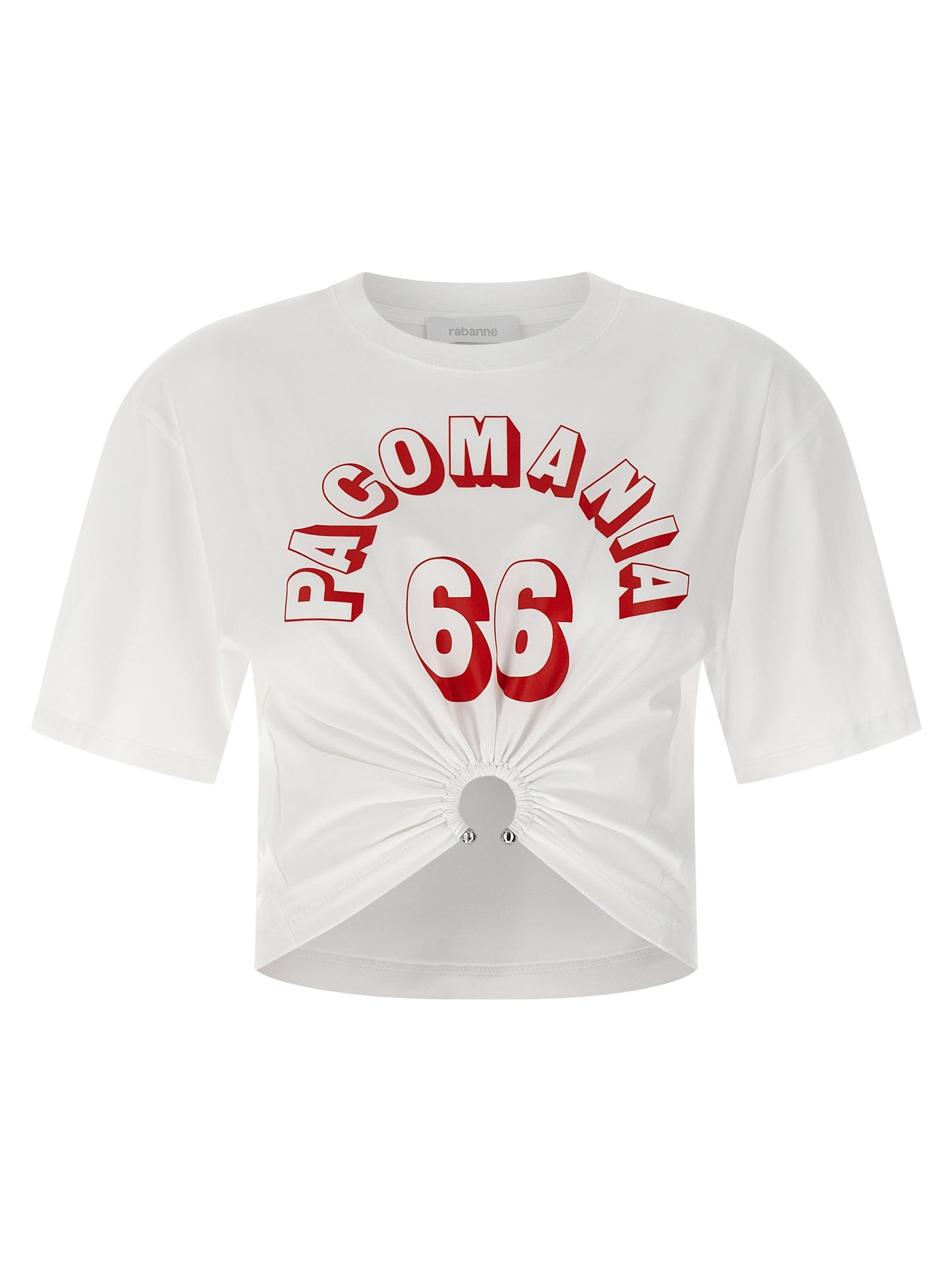 T-Shirt by Paco Rabanne for women in stretch cotton white showcases a dramatic silhouette, elegantly detailed with a dramatic crew neckline and short-sleeve for a truly dramatic finish.