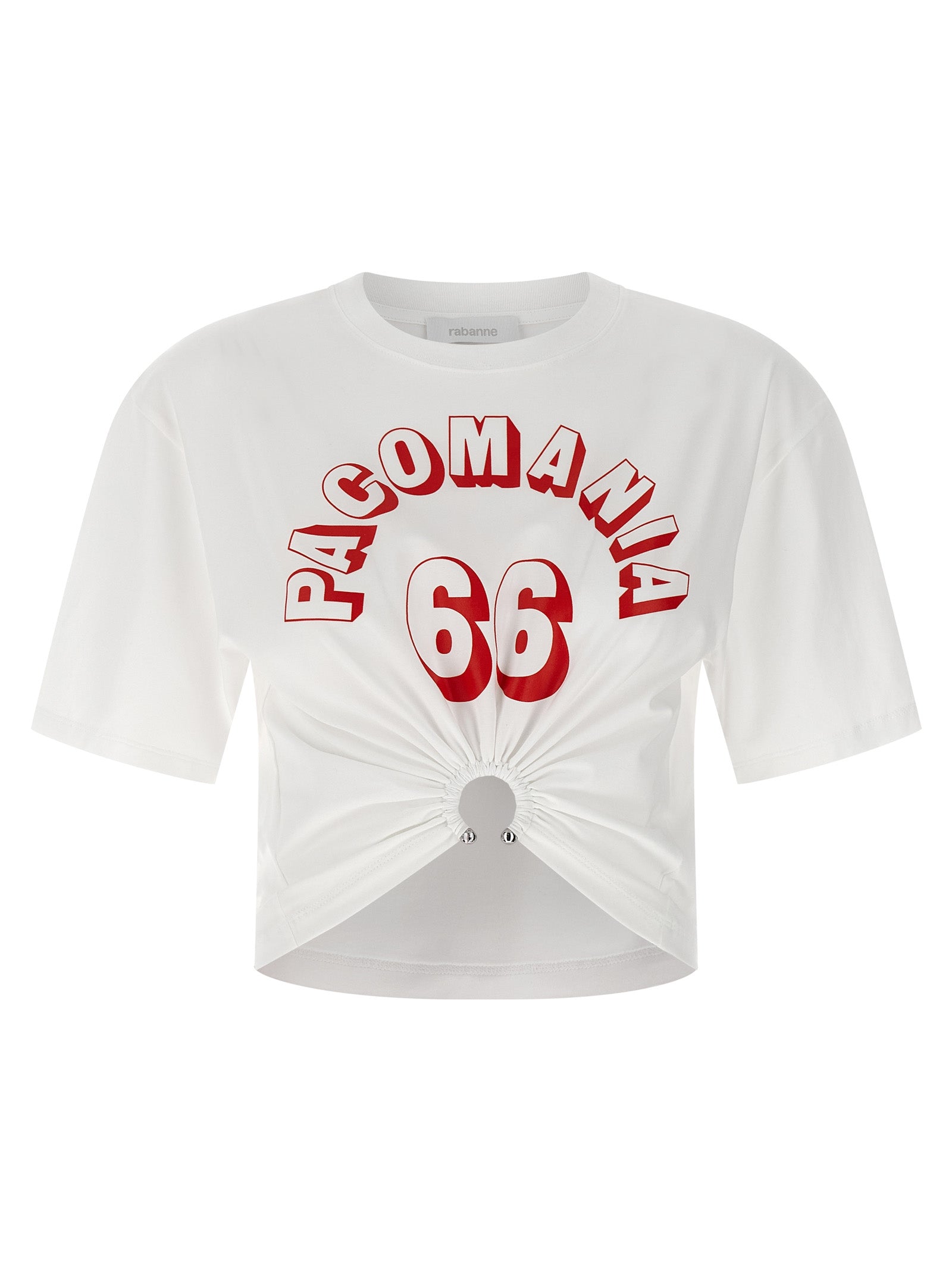 T-Shirt by Paco Rabanne for women in stretch cotton white showcases a dramatic silhouette, elegantly detailed with a dramatic crew neckline and short-sleeve for a truly dramatic finish.
