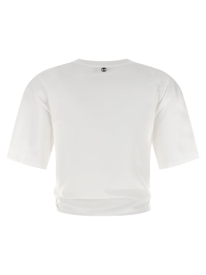 T-Shirt by Paco Rabanne for women in stretch cotton white showcases a unassuming silhouette, artfully detailed with a refined crew neckline and unassuming for a sophisticated, contemporary look.