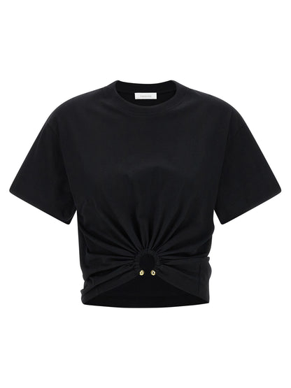 T-Shirt by Paco Rabanne for women in cotton black features a plush silhouette, showcasing a sophisticated crew neckline and short-sleeve for a truly plush finish.
