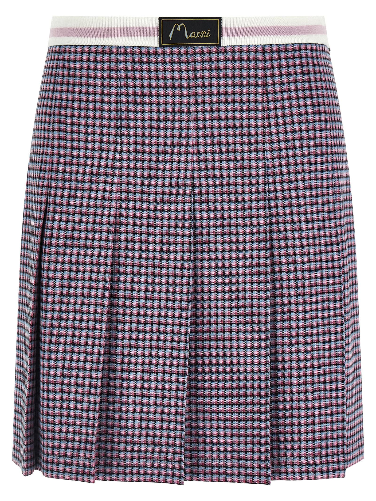 Skirt by Marni for women in stretch polyamide viscose purple & houndstooth features an relaxed-yet-refined silhouette that elegantly showcases the Women's Pleated Stretch Polyamide Viscose Mini Long Skirt design and sophisticated mini long.