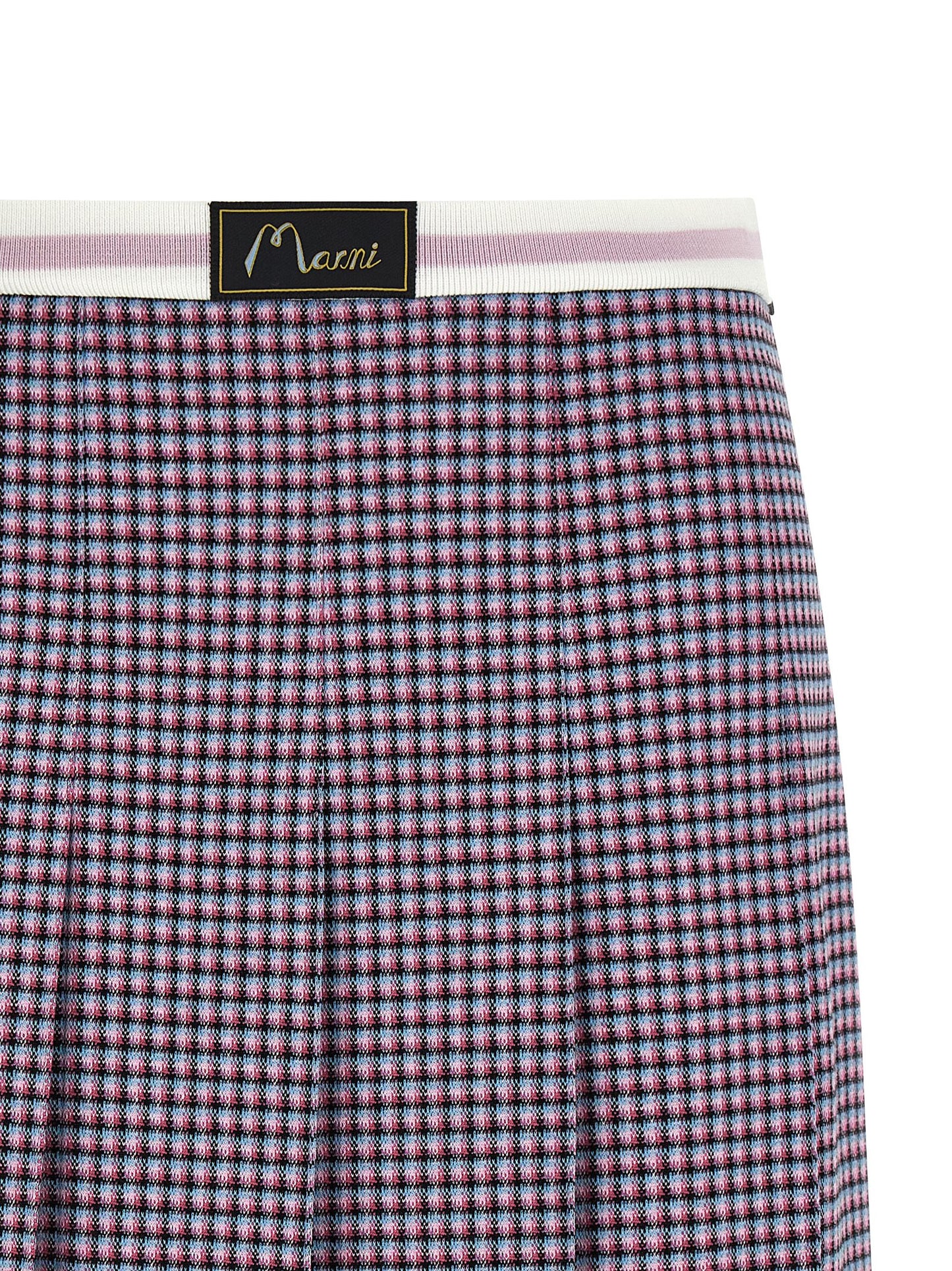 Skirt by Marni for women in stretch polyamide viscose purple & houndstooth showcases a dramatic silhouette, artfully capturing the essence of the Women's Pleated Stretch Polyamide Viscose Mini Long Skirt in a dramatic mini long cut for a refined look.