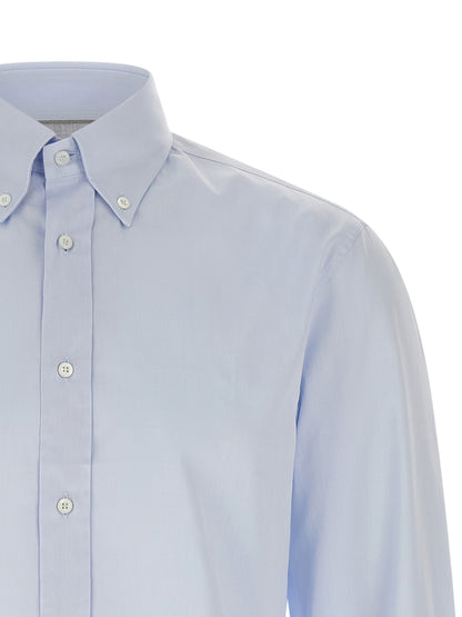 Shirt by Brunello Cucinelli for men in cotton light-blue showcases a sleek silhouette, elegantly detailed with a sleek and for a sleek finish.