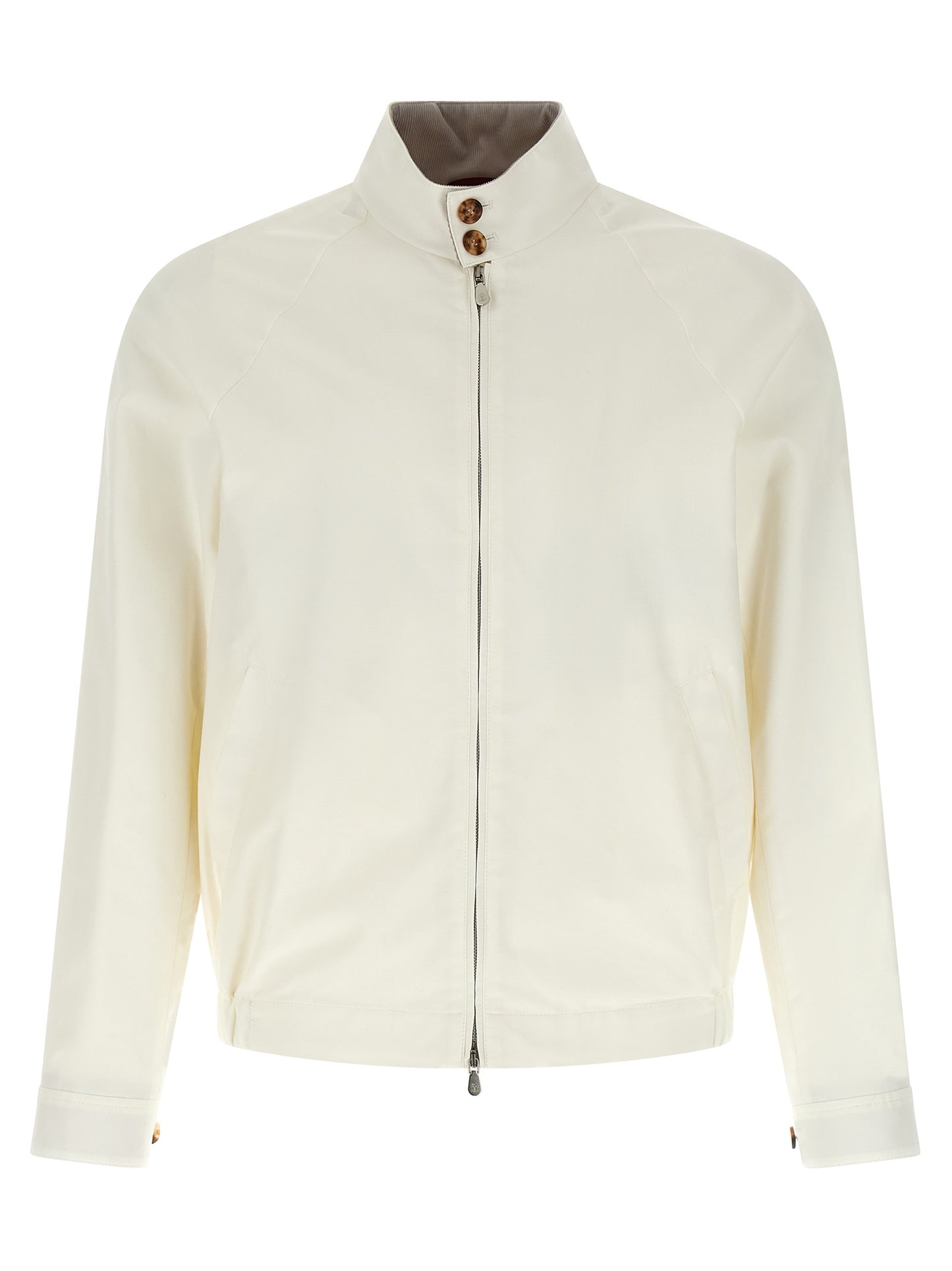 Overcoat by Brunello Cucinelli for men in polyamide cotton velvet white showcases a architectural silhouette, artfully detailed with a distinctive and functional pockets for a architectural finish.