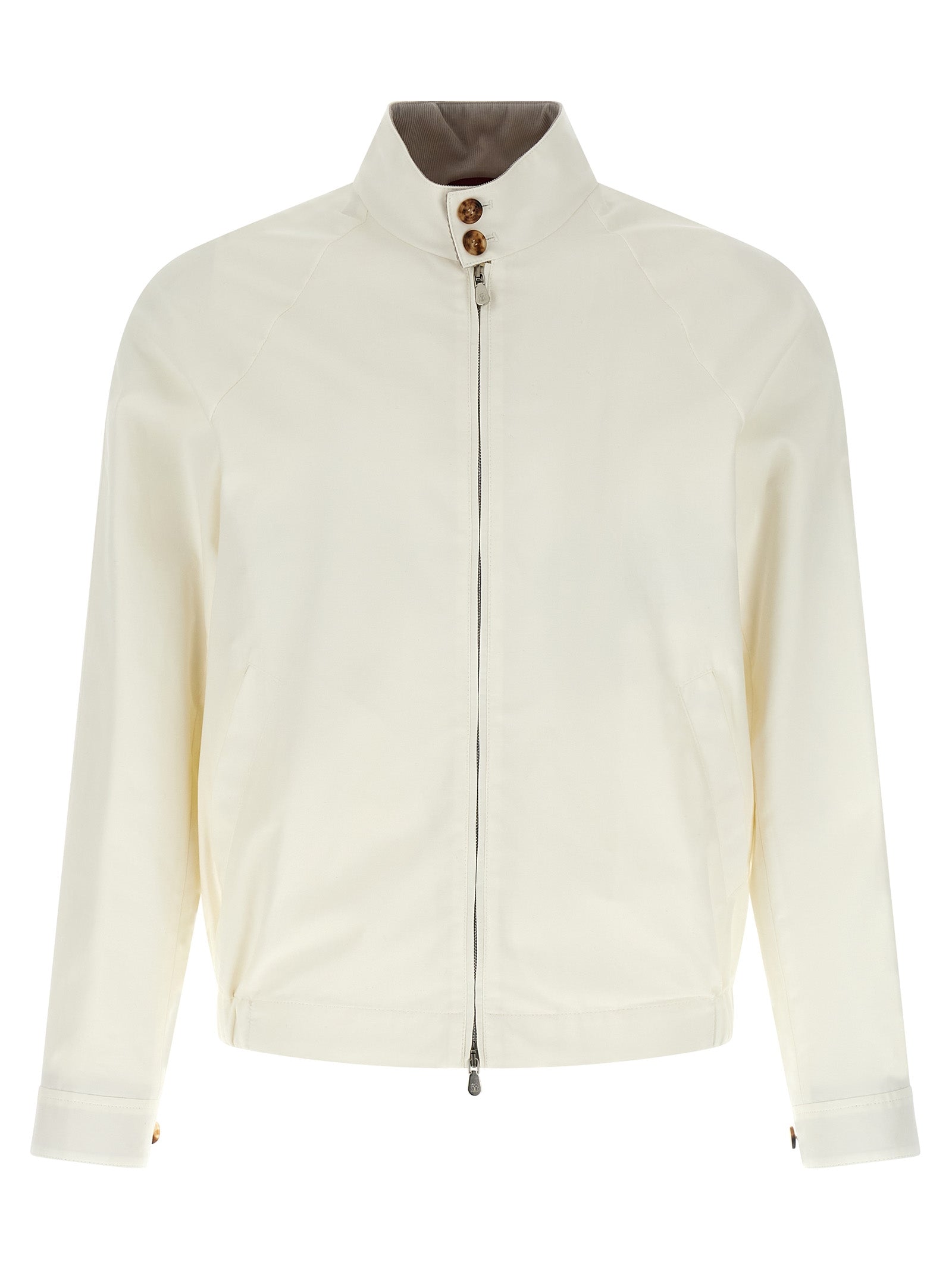 Overcoat by Brunello Cucinelli for men in polyamide cotton velvet white showcases a architectural silhouette, artfully detailed with a distinctive and functional pockets for a architectural finish.