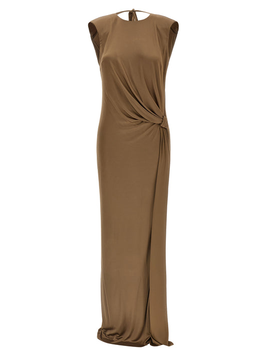 Dress by Elisabetta Franchi for women in viscose beige & red features an magnificent silhouette, artfully detailed with a magnificent v-neck crew split neckline and that flows into an magnificent long.