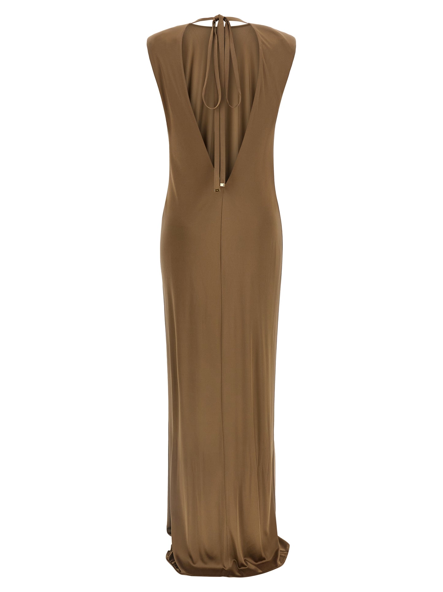 Dress by Elisabetta Franchi for women in viscose beige & red features an sultry silhouette defined by a v-neck crew split neckline and , falling to an sultry long for a sultry look.