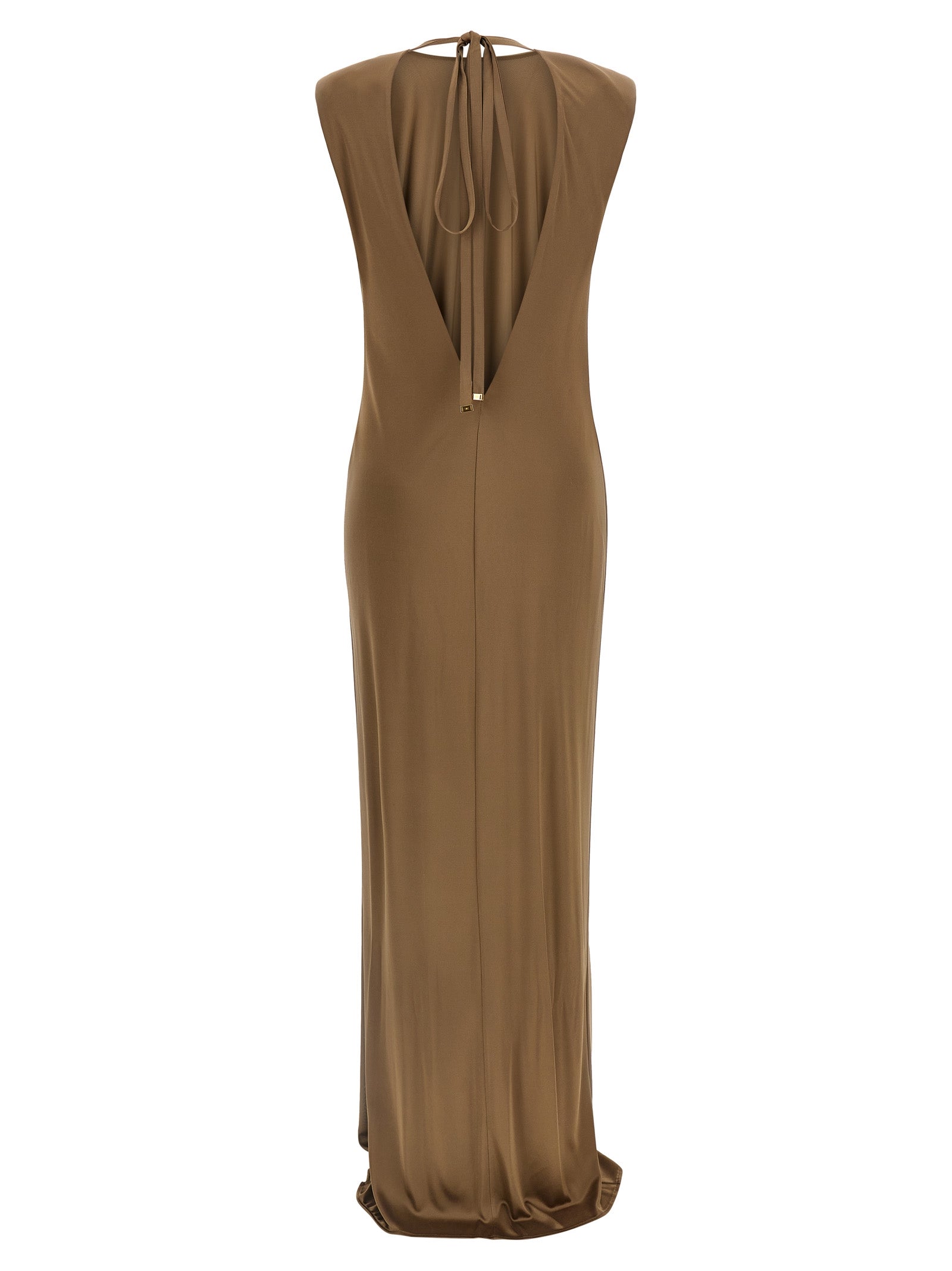 Dress by Elisabetta Franchi for women in viscose beige & red features an sultry silhouette defined by a v-neck crew split neckline and , falling to an sultry long for a sultry look.