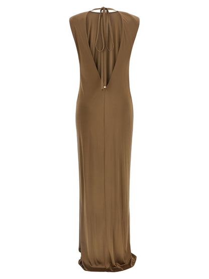 Dress by Elisabetta Franchi for women in viscose beige & red features an sultry silhouette defined by a v-neck crew split neckline and , falling to an sultry long for a sultry look.