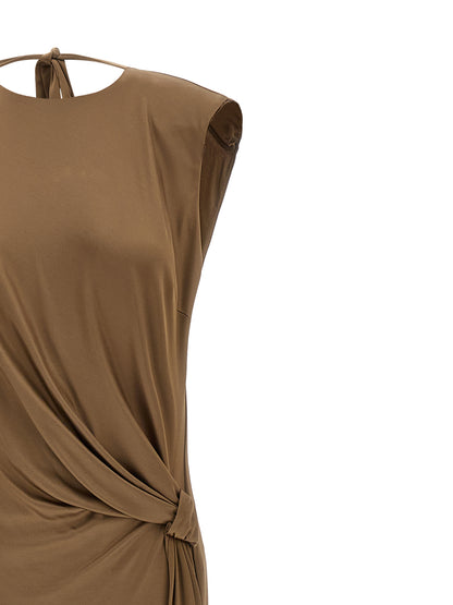 Dress by Elisabetta Franchi for women in viscose beige & red presents a sinuous silhouette, showcasing a sophisticated v-neck crew split neckline and detailed with a sinuous long for a refined finish.