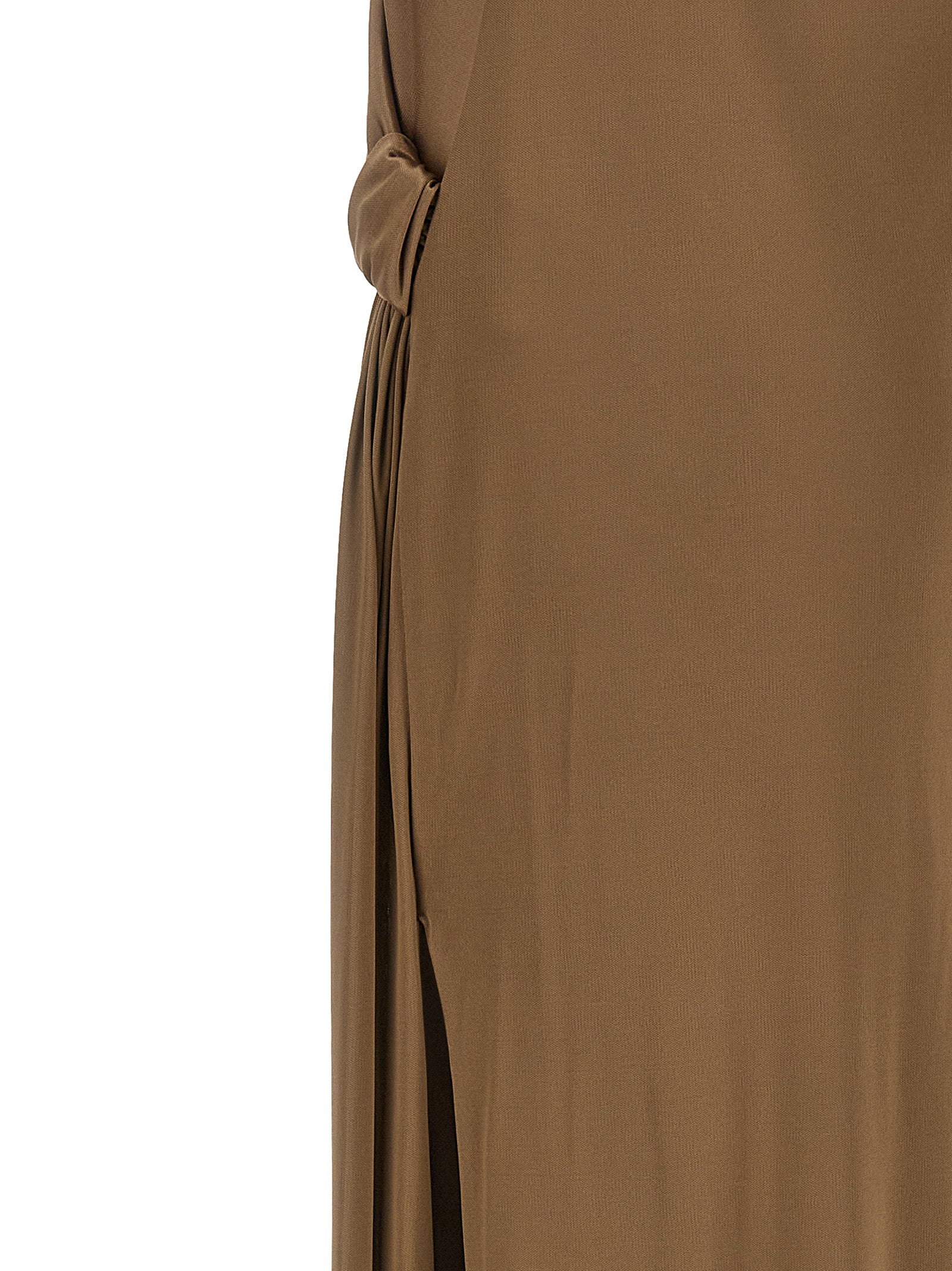 Dress by Elisabetta Franchi for women in viscose beige & red features a dramatic silhouette, showcasing an elegant and that flows into a dramatic long.