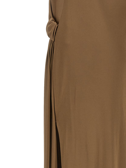 Dress by Elisabetta Franchi for women in viscose beige & red features a dramatic silhouette, showcasing an elegant and that flows into a dramatic long.