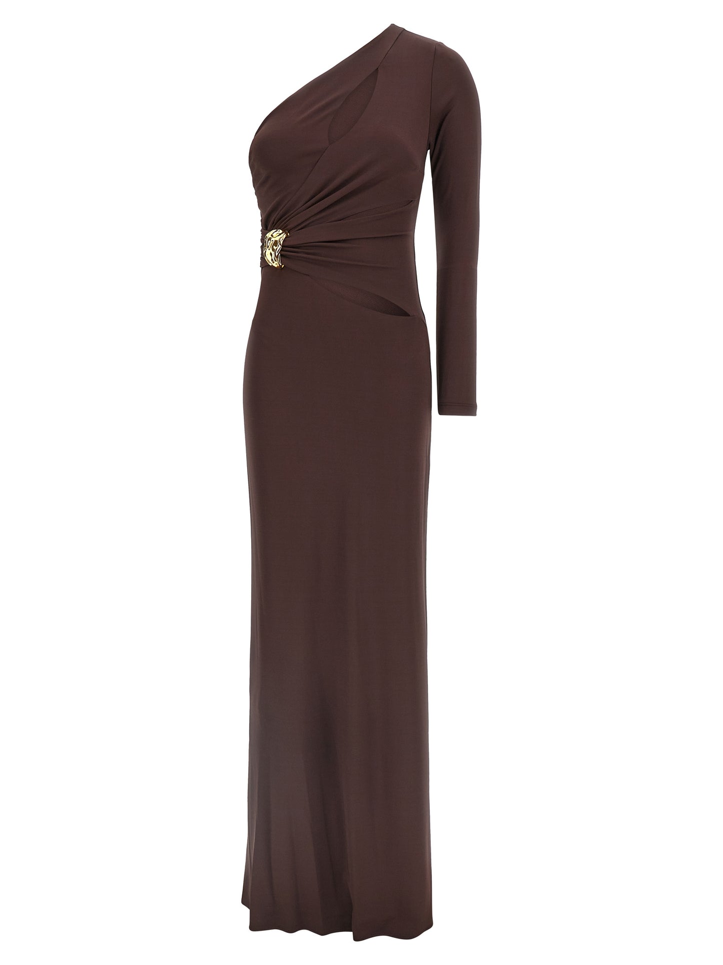 Dress by Elisabetta Franchi for women in stretch viscose brown & red showcases a striking silhouette, elegantly detailed with a long-sleeve, refined , and a striking long for a striking finish.