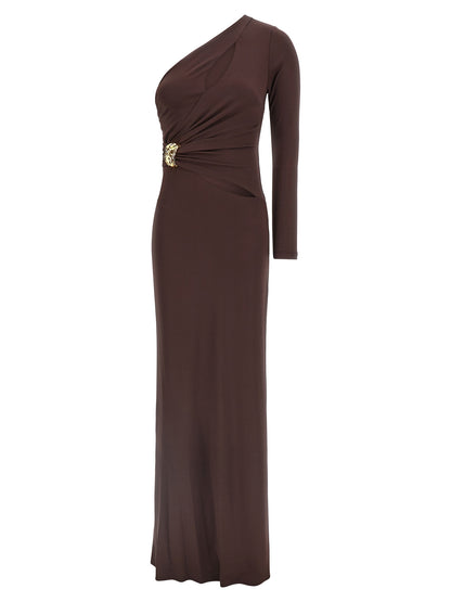 Dress by Elisabetta Franchi for women in stretch viscose brown & red showcases a striking silhouette, elegantly detailed with a long-sleeve, refined , and a striking long for a striking finish.