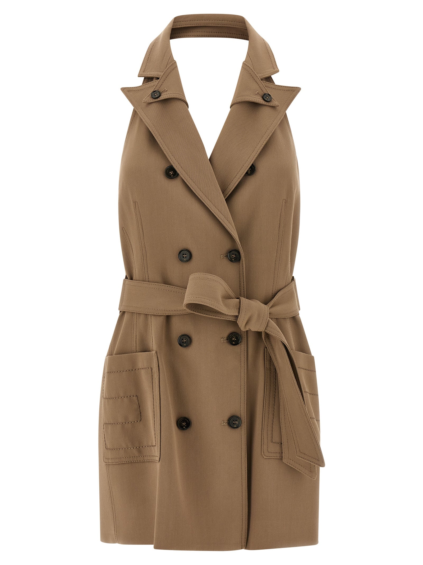 Dress by Elisabetta Franchi for women in viscose satin beige & monogram features a dramatic silhouette, showcasing an elegant and sleeveless that flows into a dramatic short mini.