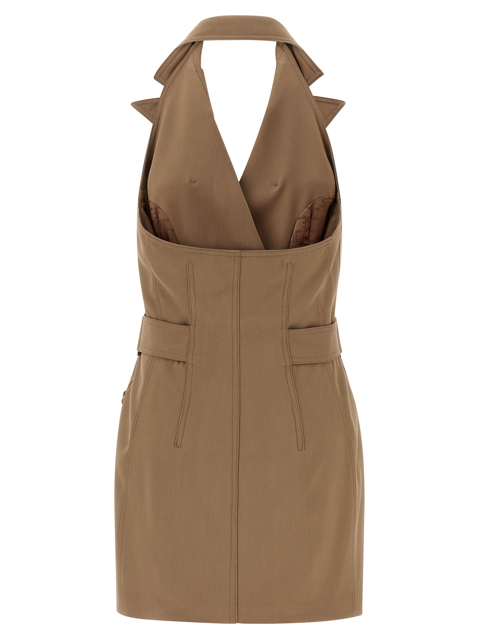 Dress by Elisabetta Franchi for women in viscose satin beige & monogram features an cute silhouette, detailed with a and that elegantly flows into a cute short mini.