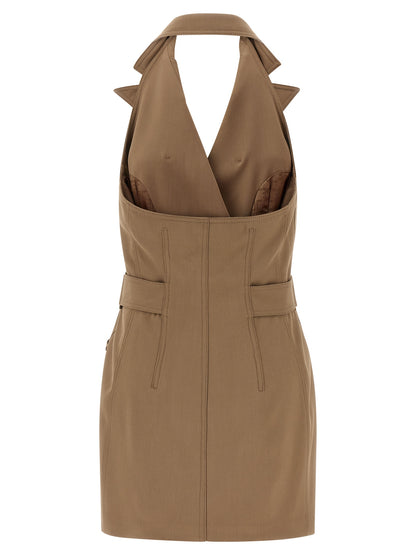 Dress by Elisabetta Franchi for women in viscose satin beige & monogram features an cute silhouette, detailed with a and that elegantly flows into a cute short mini.