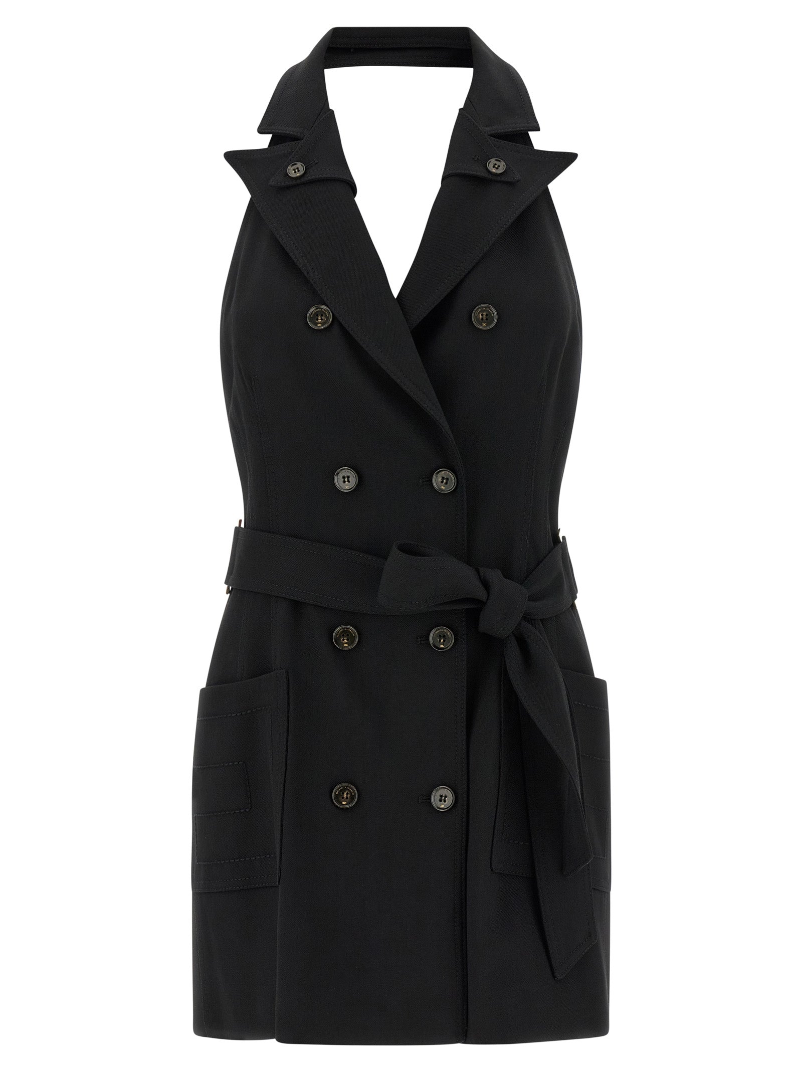 Dress by Elisabetta Franchi for women in stretch viscose black presents a sinuous silhouette, showcasing a sophisticated and sleeveless detailed with a sinuous short mini for a refined finish.
